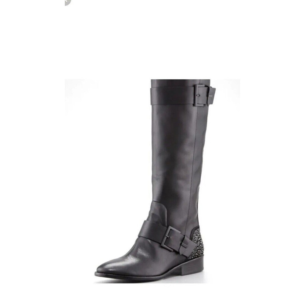 B Brian Atwood Dita Tall Boots Black Leather 6 Pull On Rhinestone Rts$695